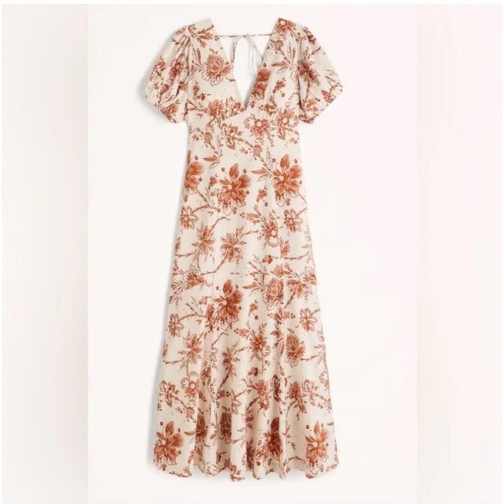 Abercrombie and Fitch Cream Floral Printed Poplin Puff Sleeve Midi Dress Small - Picture 3 of 15